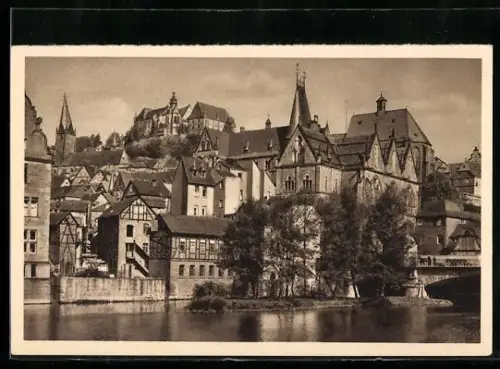 AK Marburg, Ortsansicht vom Fluss aus, Ganzsache WHW Winterhilfswerk 1934/35