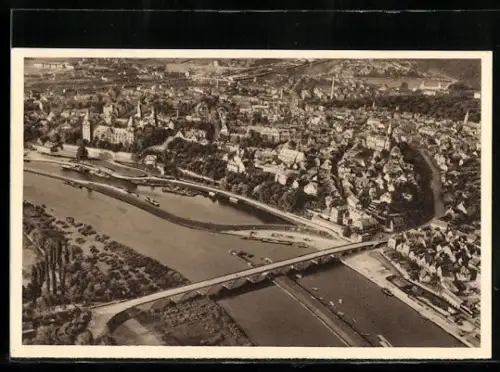 AK Aschaffenburg, Stadtpanorama vom Flugzeug aus, Ganzsache WHW Winterhilfswerk 1934 /35