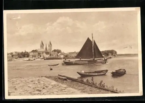 AK Rees am Niederrhein, Ortsansicht vom gegenüberliegenden Ufer aus, Ganzsache WHW Winterhilfswerk 1934/35