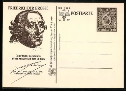 AK Portrait von Friedrich dem Grossen, Ganzsache WHW Winterhilfswerk