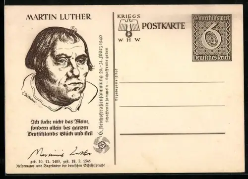 AK Martin Luther, Porträt und Zitat, Ganzsache WHW Winterhilfswerk