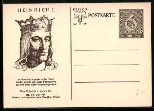 AK Porträt von Heinrich I., Ganzsache WHW Winterhilfswerk