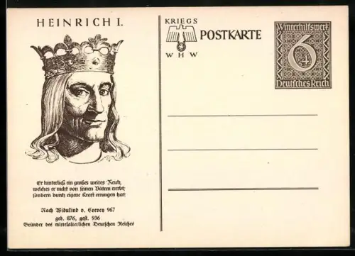 AK Porträt von Heinrich I., Ganzsache WHW Winterhilfswerk