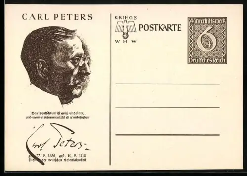 AK Carl Peters im Profil, Politiker, Ganzsache WHW Winterhilfswerk