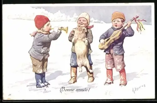 Künstler-AK Karl Feiertag: Drei Kinder mit Gitarre, Trompete und Schwein auf einem schneebedeckten Feld