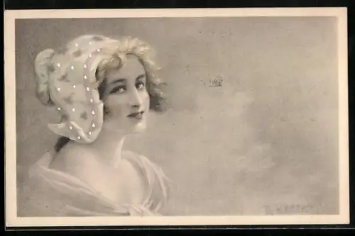 Künstler-AK R. Kratky: Hübsche Frau mit Haube im Halbprofil