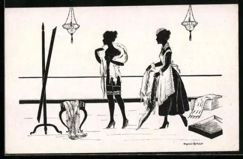 Künstler-AK Manni Grosze: Attraktive Frau mit Strumbändern und Pelz um den Hals mit einer Magd