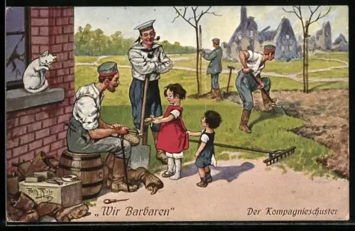 Künstler-AK Arthur Thiele: Wir Barbaren: Der Kompanieschuster repariert die Schuhe eines kleinen Kindes