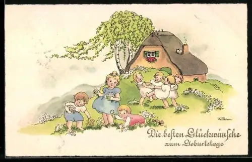 Künstler-AK Liesel Lauterborn: Tanzende Kinder auf einer Frühlingswiese