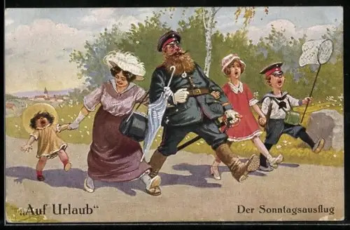 Künstler-AK A. Thiele: Auf Urlaub, Der Sonntagsausflug, alter Soldat mit seiner Familie
