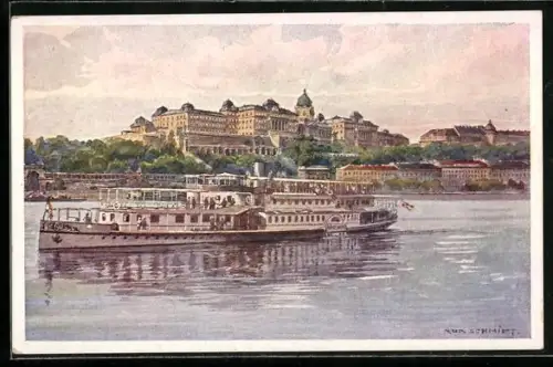 Künstler-AK Rudolf Schmidt: Budapest, Binnenschiff der Erste K. K. Donau-Dampfschiffahrts-Ges. an der Königlichen Burg