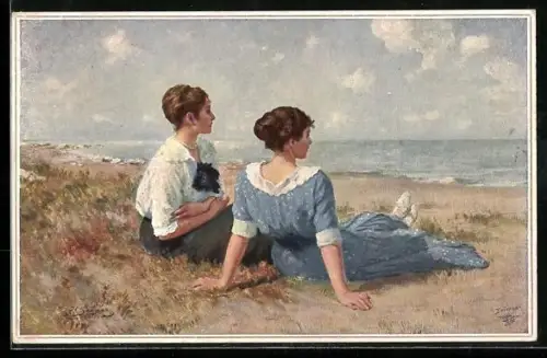 Künstler-AK Wohlgemuth & Lissner, Primus-Postkarte No. 5019, Ein Sommertag, zwei Frauen blicken auf das Meer