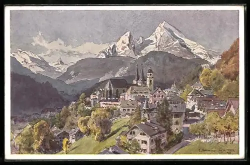 Künstler-AK Edward Harrison Compton: Berchtesgaden, Teilansicht mit Kirche