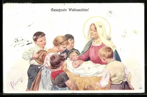 Künstler-AK Karl Feiertag: Maria und andere Kinder versammeln sich um das Jesuskind