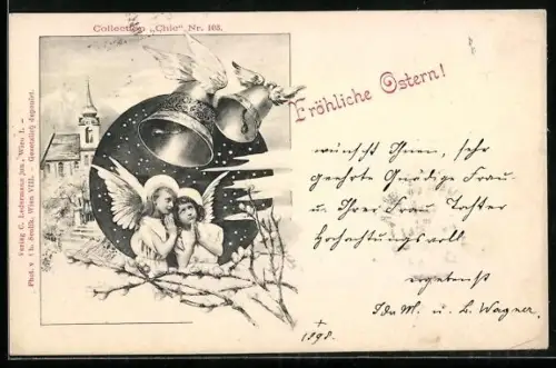Künstler-AK Charles Scolik: Engel mit gefalteten Händen unter geflügelten Glocken