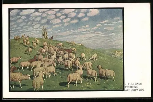 Künstler-AK Hans von Volkmann: Frühling auf der Weide, Schäfer mit Herde