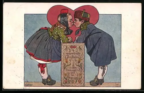 Künstler-AK Emil Beithan: Pärchen in Tracht küsst sich