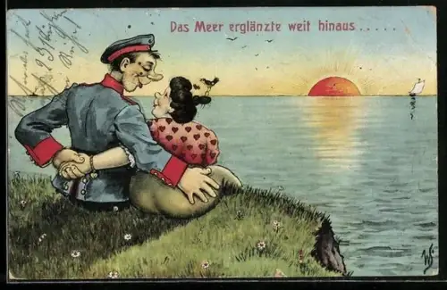 Künstler-AK Willi Scheuermann: Pärchen sitzt an einer Klippe mit Blick aufs Meer und die untergehende Sonne