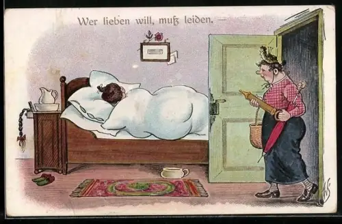 Künstler-AK Willi Scheuermann: Frau betritt das Schlafzimmer ihrer Tochter, Wer lieben will, muss leiden