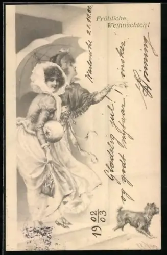 Künstler-AK Wichera: Zwei Frauen mit Schirm und Hund wagen bei Regen einen Spaziergang