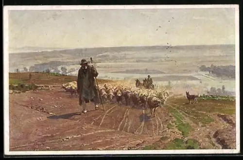 Künstler-AK Otto Strützel: Schäfer mit heimziehender Herde