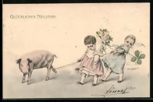 Künstler-AK Wichera: Glückliches Neujahr!, Kinder mit Schwein