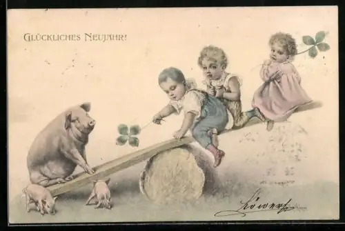 Künstler-AK Wichera: Kinder auf einer Wippe mit einem Schwein, Glückliches Neujahr