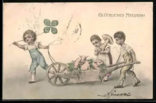 Künstler-AK Wichera: Kinder ziehen Karren mit Ferkeln