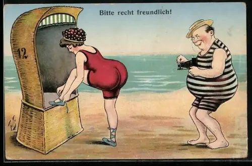 Künstler-AK Willi Scheuermann: Korpulenter Mann fotografiert den Hintern einer hübschen Frau am Strand