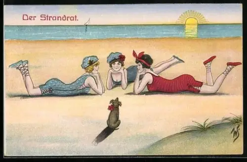 Künstler-AK Willi Scheuermann: Wangeroog, Drei Frauen und ein Hund am Strand, Der Strandrat