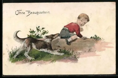 Künstler-AK Elly Frank: Kind flüchtet vor einem Hund, der ihm in die Hose beisst