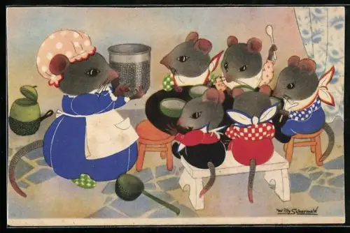 Künstler-AK Willy Schermele: Mäusekinder warten auf ihr Mittagessen