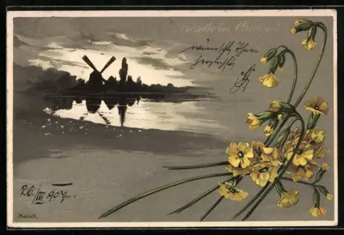 Künstler-AK Alfred Mailick: Landschaftsbild mit Windmühle im Schatten, Blütenzweige