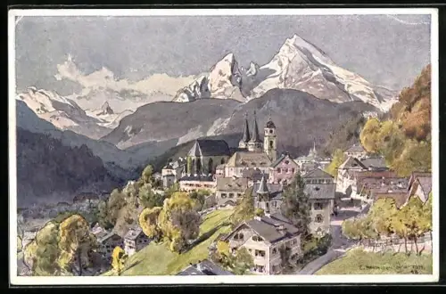 Künstler-AK Edward Harrison Compton: Berchtesgaden, Teilansicht mit Kirche