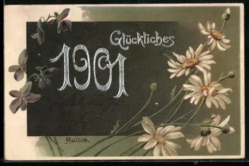 Künstler-AK Alfred Mailick: Jahreszahl 1901 mit Veilchen und Margheriten