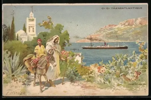 Künstler-AK Ernest Lessieux: Araber mit Esel am Meer, Dampfer, Cie Gie Transatlantique