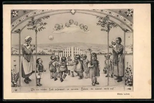 Künstler-AK Meta Löwe: Karlsruhe i.B., Baustein für das Diakonissenhaus Bethlehem, Schwestern mit Waisenkindern