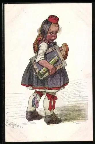 Künstler-AK Emil Beithan: Besser K-Brot als kaa Brot!, Mädchen in hessischer Tracht