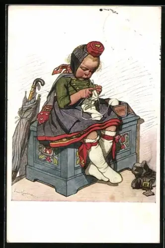 Künstler-AK Emil Beithan: kleines Mädchen sitzt auf einer Box und ist am Stricken