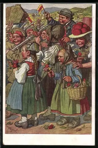 Künstler-AK Emil Beithan: Mädchen begrüssen Kindersoldaten