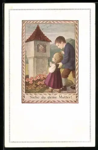 Künstler-AK Hans Huber-Sulzemoos: Junge und Mädchen an einem Heiligenhäuschen