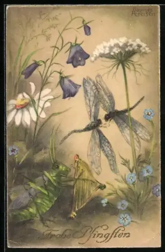 Künstler-AK Hannes Petersen: Libellen und ein Grashüpfer mit Harfe zwischen Blumen, auch Vergissmeinnicht