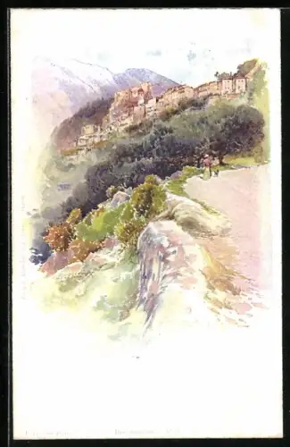 Künstler-AK Ernest Lessieux: Idyllischer Ort mit Gebirgspartie