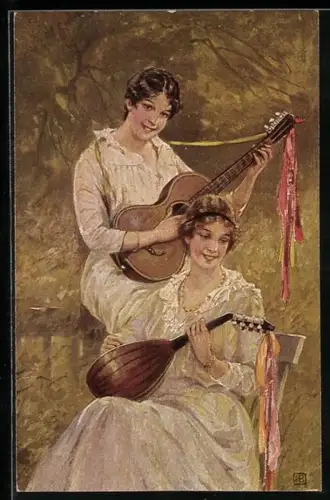 Künstler-AK R. Borrmeister: Zwei hübsche, lächelnde Damen mit Gitarre und Laute