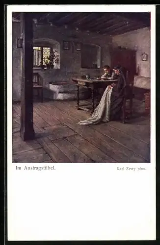 Künstler-AK Carl Zewy: Frau und Kind sitzen an einem Tisch, Im Austragstübel