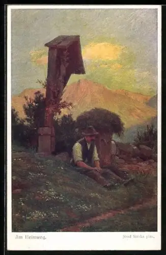 Künstler-AK Josef Straka: Bauer rastet an einem Flurkreuz