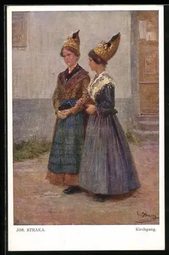 Künstler-AK Josef Straka: zwei Frauen in Tracht beim Kirchgang