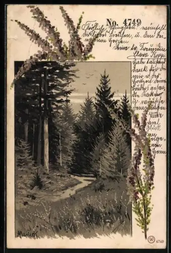 Künstler-AK Alfred Mailick: Partie im Nadelwald, blühende Heide