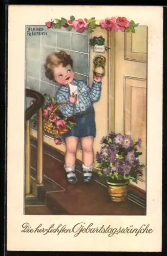 Künstler-AK Hannes Petersen: Kind mit einem Korb voller Rosen klopft an eine Tür