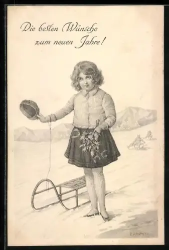Künstler-AK R. Kratky: Mädchen mit Schlitten, Neujahrswünsche